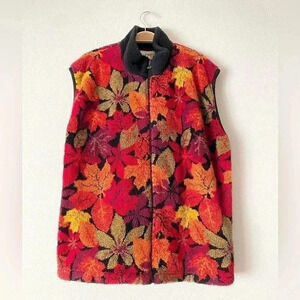 Vintage Retro Autumn Fall Leaves 90s Fleece Mock Neck Full Zip Vest Size Large